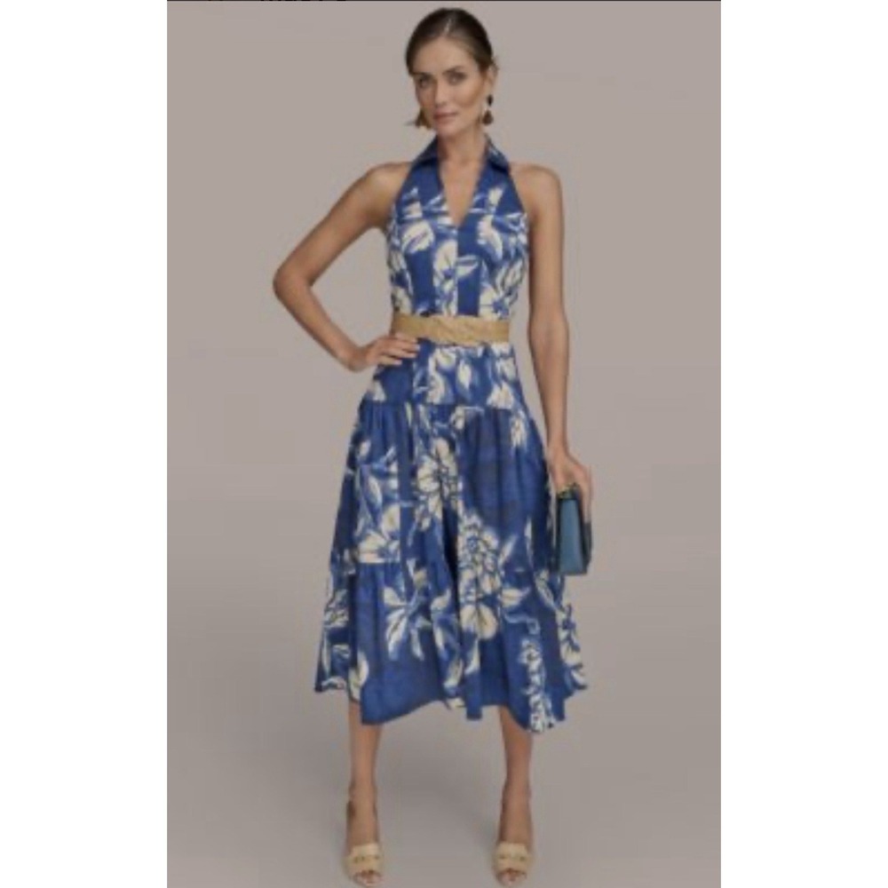 Donna Karan Belted Floral Halter Neck Midi Dress Blue Size 14W